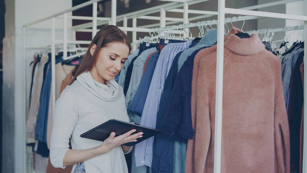 Une commerçante consulte une tablette dans sa boutique de vêtements.